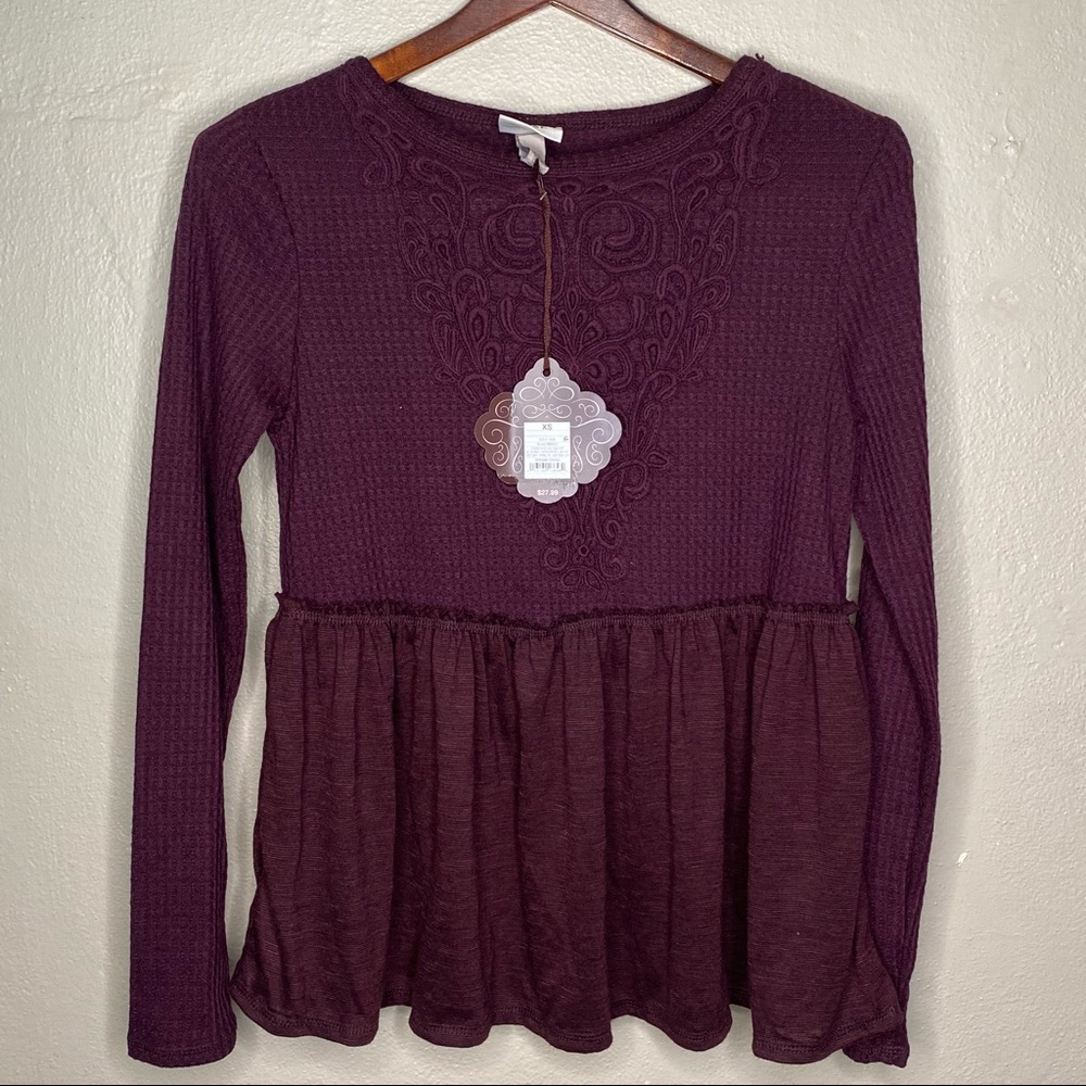 Long Sleeve Peplum Blouse - Knox Rose™ Plum L - Picture 2 of 5